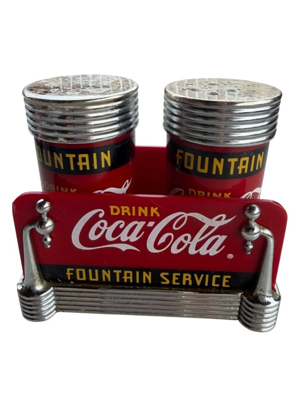 VINTAGE 1997 Retro Coca-Cola Salt & Pepper Shaker Set w/Caddy 4" Tall (READ!)
